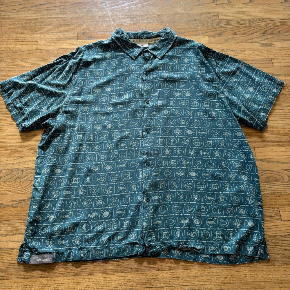 Disney Parks Vacation Club Member Button Down Shirt Teal Rayon Mens XXL DVC